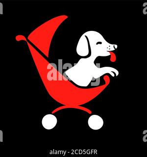Dog sitter logo in drawing style on black background for highlight. Walking pet in red carriage icon vector isolated element. Zoo transportation flat illustration. Funny animal care business concept. Stock Vector