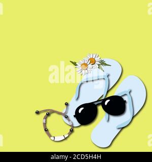Blue slippers, sunglasses, bracelet and daisies on a yellow background. Summer decor and beach amenities for decoration. Stock Vector
