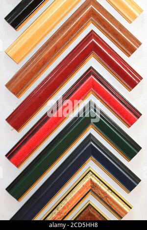 Colorful wooden decorative picture frames corners on white background Stock Photo