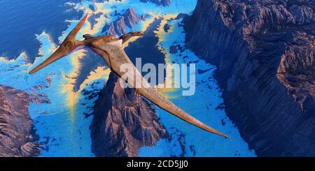 Pteranodon Reptile - A single Pteranodon flies over coastal seas of North America during the Mesozoic Cretaceous Period. Stock Photo