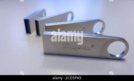 TIMISOARA, ROMANIA - JUNE 12, 2019: Close-up of KINGSTON pen drives, flash disk sitting on a table Stock Photo