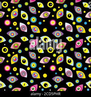 Seamless pattern with colorful abstract eyes, dots on black background Stock Photo