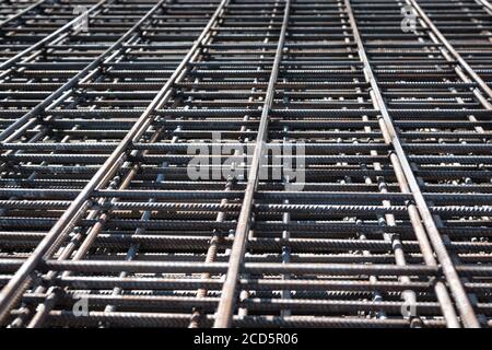 Steel Rebars for reinforced concrete construction site. Piled iron reinforcement workpieces Stock Photo