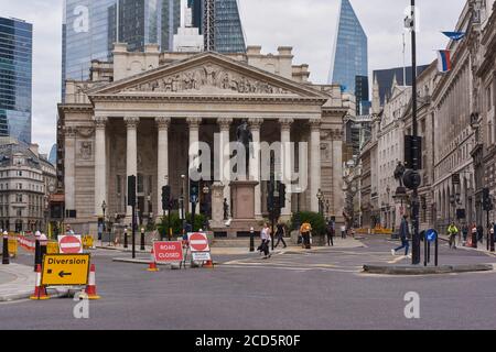 Bank in the City of London, UK, in late August 2020, with no city workers and roadworks, post lockdown Stock Photo