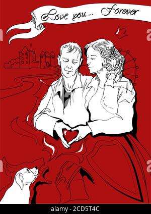 Hand-drawn couple with dog in a modern dress, who has lineart elements of clothes and weapons of knight tale, concept of love, lasting forever Stock Vector