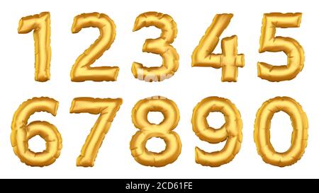 Realistic balloon numbers. Helium air balloon figures, celebrate birthday party, wedding, 3d foil balloons number vector illustration icons set Stock Vector