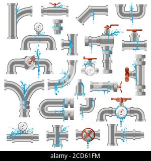 Water pipe leak. Broken damaged metal pipes, pipe leaky crack, industry metal tube pipes damage vector illustration icons set Stock Vector