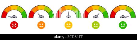 Rate scale level. Mood rating indicators, satisfaction score graph ratings, emoji barometer score level vector illustration icons set Stock Vector
