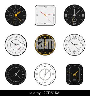 Modern watch face. Clock round scale faces, modern 12 hours round clock, time measurement watch vector illustration symbols set Stock Vector