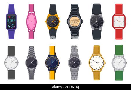 Modern watches. Wristwatch, unisex time chronograph, smartwatch, man woman modern and fashion wrist clocks vector illustration icons set Stock Vector