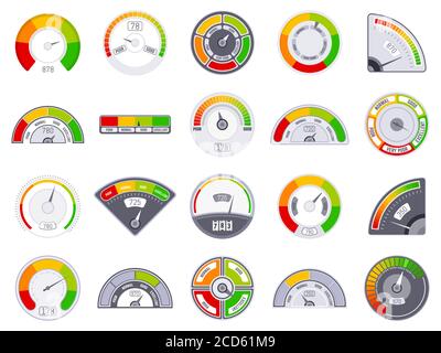 Speedometer score level. Good and low rating indication, goods grade speedometer level, satisfaction score tachometer indicators vector icons set Stock Vector