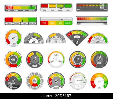 Speedometer indicator level. Quality rating indication, goods grade tachometer indicators, satisfaction score indicators vector icons set Stock Vector
