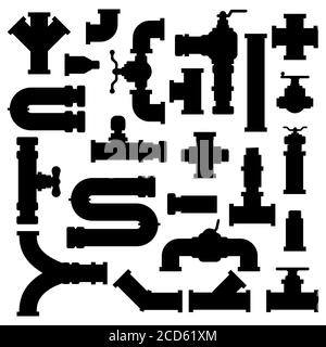 Ware pipe silhouette. Water tube pipes system, industry pipeline fittings, filters and pipe connectors silhouettes vector illustration icons set Stock Vector