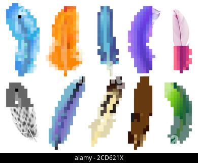 Realistic 3d feathers. Birds colored falling fluffy feathers, floating bird soft plumage feathers isolated vector icons set Stock Vector
