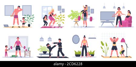 Home family fitness. Mother, father and kids exercising at home, siblings workout activities, families healthy lifestyle vector illustration set Stock Vector