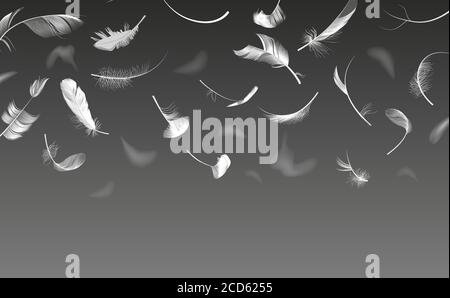 Falling feathers. Realistic twirled fluffy feathers, white fluffy angel wings feather flow, floating bird plumage vector background illustration Stock Vector