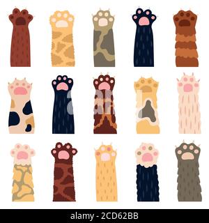 Cat paws. Cute kitty paw, doodle funny domestic cat fur legs, domestic kitten footprints, pets clawed paws vector illustration icons set Stock Vector