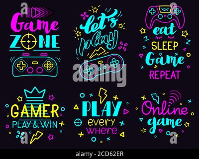 Neon video game phrases. Online game console lettering, modern gamer joystick concept, video games lettering isolated vector illustration set Stock Vector