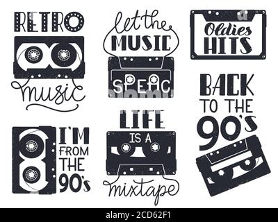 Retro cassette lettering. Hand drawn 90s retro music analogue audio cassette tape phrases, 80s audio record tape lettering vector icons set Stock Vector