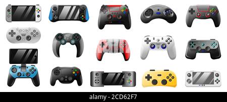 Console gamepad. Playing joystick, PC games controllers, video game wireless console, 3D video game devices vector illustration icons set Stock Vector