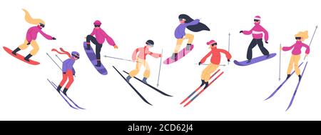 Skiers and snowboarders. Winter sport activities, people on snowboard, young skiers and snowboarders jump on mountain vector illustration set Stock Vector