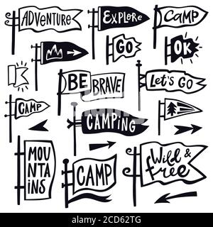 Adventure hiking pennant. Hand drawn camping pennant flag, vintage lettering flags, tourist quotation pennants vector illustration icons set Stock Vector