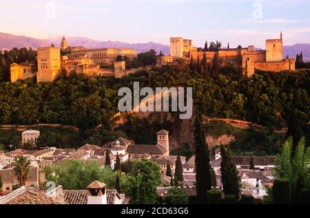 Overview of Alhambra at sunset, Granada, Andalusia, Spain Stock Photo