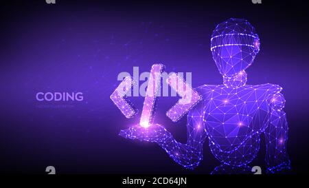 Programming code icon. Abstract 3d robot holding programming code symbol in hand. Coding or Hacker background. Automation software technology process Stock Vector