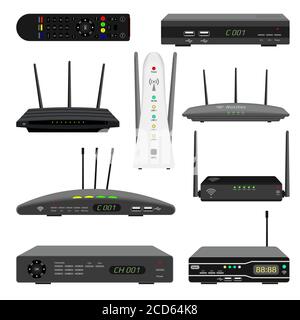 Set of realistic Wi-Fi routers and digital television receivers. Satellite receiver and TV remote control. Devices for wireless distribution of the In Stock Photo