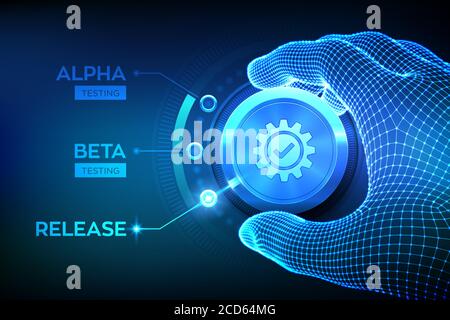 Software testing engineering concept. Alpha Beta Release testing. Wireframe hand turning a test process knob and selecting Release product mode Stock Vector