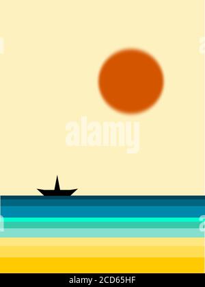 Seascape illustration. Digital wall art. Sun, sky, sand, sea and ship illustration. Minimalist wall art. Digital painting. Abstract art. Stock Photo