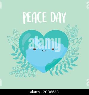 international peace day world shaped heart lovely leaves cartoon vector illustration Stock Vector