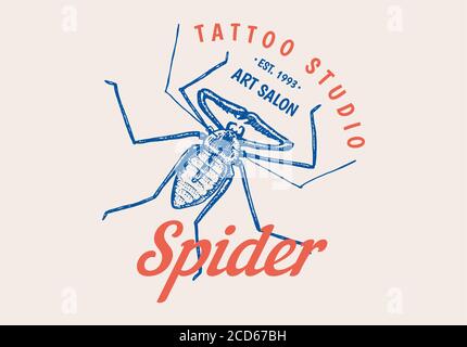 Insect logo. Vintage label for bar or tattoo studio. Emblems badges, t-shirt typography. Engraved Vector illustration. Stock Vector