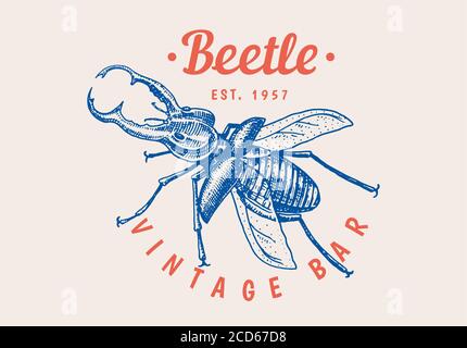 Insect logo. Vintage Bug Beetle label for bar or tattoo studio. Emblems badges, t-shirt typography. Engraved Vector illustration. Stock Vector