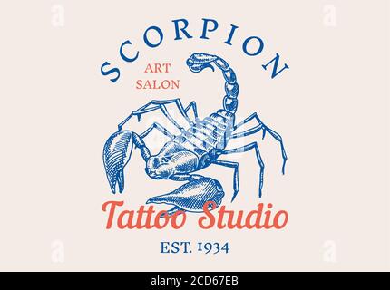 Insect logo. Vintage Scorpion label for bar or tattoo studio. Emblems badges, t-shirt typography. Engraved Vector illustration. Stock Vector