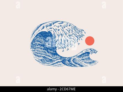 Atlantic tidal waves and red sun. Vintage old engraved hand drawn labels. Marine and nautical or sea, ocean in Japanese style for banner, background Stock Vector