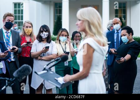 Washington, United States Of America. 26th Aug, 2020. Counselor to the president Kellyanne Conway speaks to the media ahead of the third night of the Republican National Convention outside the White House in Washington, DC, USA 26 August 2020.Credit: Jim LoScalzo/Pool via CNP | usage worldwide Credit: dpa/Alamy Live News Stock Photo