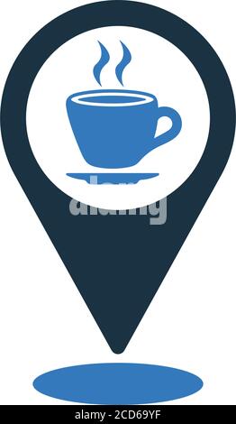Coffee shop location icon is isolated on white background. Simple vector illustration for graphic and web design or commercial purposes. Stock Vector