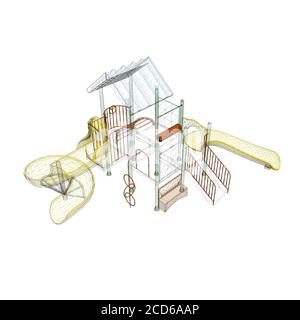 Playground frame from colored lines on a white background. Children playground with slides and ladders. Isometric view. 3D. Vector illustration Stock Vector