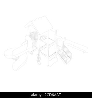 The contour of the playground from black lines on a white background. Children playground with slides and ladders. Isometric view. 3D. Vector Stock Vector