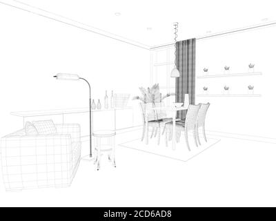 Sofa wireframe from black lines isolated on white background. Isometric ...