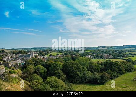 Panoramic view from Corfe Castle in late summertime, Dorset, England Stock Photo