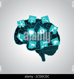 Mobile apps installed into the brain, replacing the mind, consciousness. Change, replacement way of thinking, mind control Stock Vector