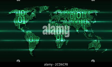 Abstract map world with continents from digital binary code on a dark green background with glowing transaction lines, concept of big data, global Stock Vector