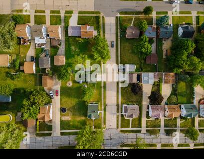Top view of the sleeping area in street in the a small town of from above aerial view Cleveland Ohio US Stock Photo