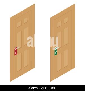Hotel doors with hangers please make up room and please do not disturb isometric view Stock Vector