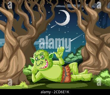 Goblin or troll lying in the forest cartoon style scene illustration Stock Vector