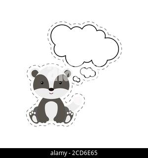 Cute cartoon badger with speech bubble sticker. Kawaii character on white background. Cartoon sitting animal postcard clipart for birthday baby shower Stock Vector
