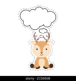 Cute cartoon deer with speech bubble sticker. Kawaii character on white background. Cartoon sitting animal postcard clipart for birthday, baby shower, Stock Vector