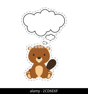 Cute cartoon beaver with speech bubble sticker. Kawaii character on white background. Cartoon sitting animal postcard clipart for birthday baby shower Stock Vector